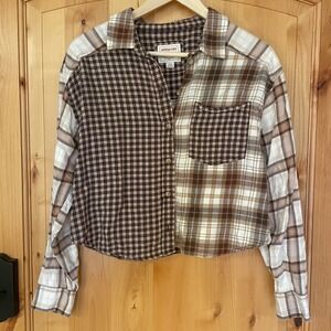 Patchwork Flannel Shirt Plaid Earthy Cropped Boho Brown Grunge Indie Punk Small